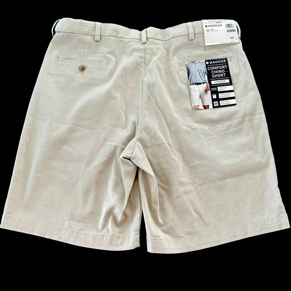NWT Haggar Mens 38 waist Comfort Chino Shorts Pleated Expandable Waistband tan - Picture 2 of 6
